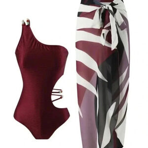 Beaded One Shoulder 2 Piece Swimsuit (Color: Burgundy)